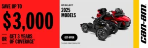 Read more about the article Save up to $3,000 or 3 years of coverage on select 2025 Can-Am 3 wheel vehicles
