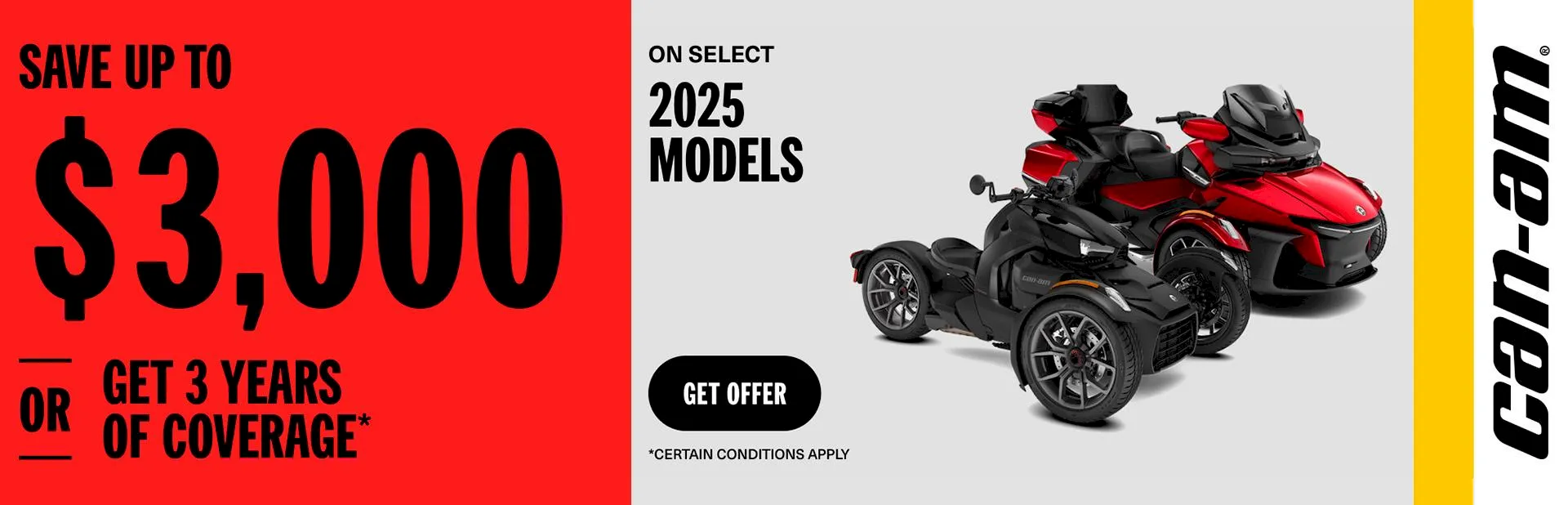 Read more about the article Save up to $3,000 or 3 years of coverage on select 2025 Can-Am 3 wheel vehicles